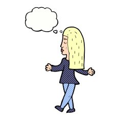 cartoon woman shrugging shoulders with thought bubble N457