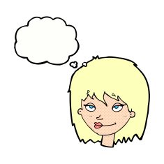 cartoon smiling woman with thought bubble N9