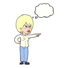 cartoon woman accusing with thought bubble N10