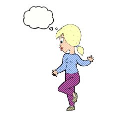 cartoon woman waving with thought bubble N318
