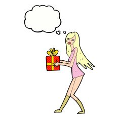 cartoon fashion girl with present thought bubble N9
