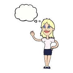 cartoon woman waving with thought bubble N319