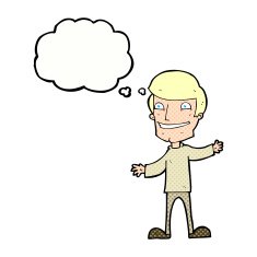 cartoon grinning man with thought bubble N83