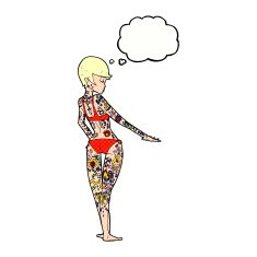 cartoon bikini girl covered in tattoos with thought bubble N10