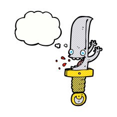 crazy knife cartoon character with thought bubble N9