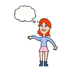 cartoon woman making hand gesture with thought bubble N9