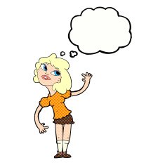 cartoon woman waving with thought bubble N320