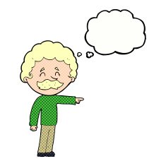cartoon man with mustache pointing thought bubble N28