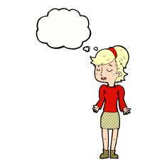 cartoon woman shrugging shoulders with thought bubble N458