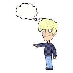 cartoon happy man pointing with thought bubble N58