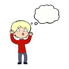 cartoon frightened man with thought bubble N79
