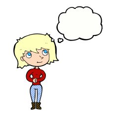 cartoon friendly woman with thought bubble N65