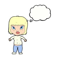cartoon overweight woman with thought bubble N16