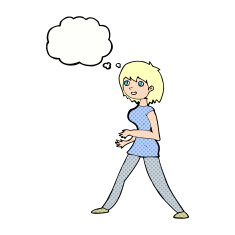 cartoon woman walking with thought bubble N9