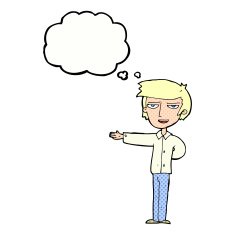 cartoon man gesturing welcome with thought bubble N10