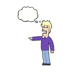cartoon man accusing with thought bubble N20