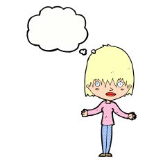 cartoon woman shrugging shoulders with thought bubble N459
