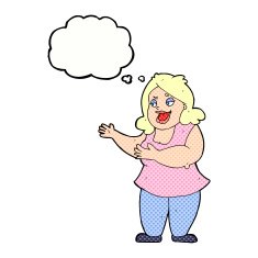 cartoon happy fat woman with thought bubble N6