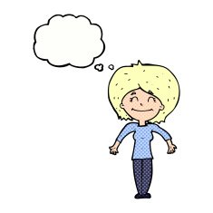 cartoon woman shrugging shoulders with thought bubble N461