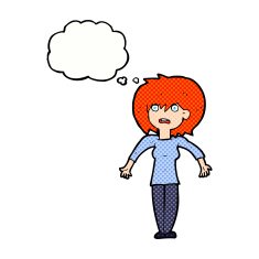 cartoon woman shrugging shoulders with thought bubble N462