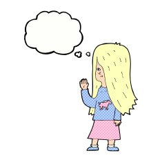 cartoon girl with pony shirt waving thought bubble N9