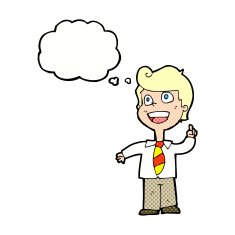 cartoon school boy raising hand with thought bubble N10