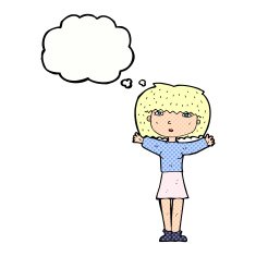 cartoon woman raising arms in air with thought bubble N10