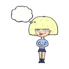 cartoon sly woman with thought bubble N10