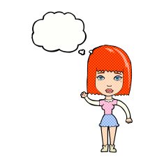 cartoon waving woman with thought bubble N134