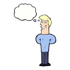 cartoon grinning man with thought bubble N84