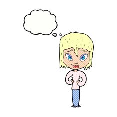 cartoon satisfied woman with thought bubble N10