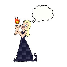 cartoon witch woman casting spell with thought bubble N10
