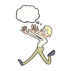 cartoon man running away with thought bubble N10