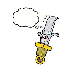 cartoon frightened knife with thought bubble N10