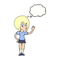 cartoon pretty woman waving with thought bubble N82