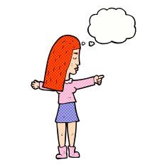 cartoon woman pointing with thought bubble N199