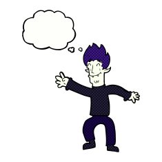 cartoon happy vampire man with thought bubble N28