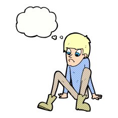 cartoon boy sitting on floor with thought bubble N10