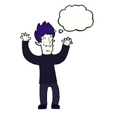 cartoon happy vampire man with thought bubble N29