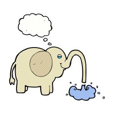 cartoon elephant squirting water with thought bubble N20