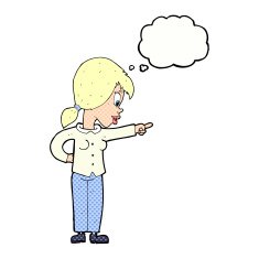 cartoon enthusiastic woman pointing with thought bubble N10