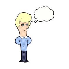 cartoon jaded man with thought bubble N18