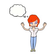 cartoon pretty woman with hands in air thought bubble N10