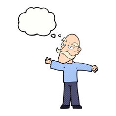cartoon old man spreading arms wide with thought bubble N9
