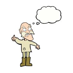 cartoon angry old man in patched clothing with thought bubble N9