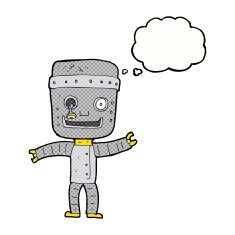 cartoon funny old robot with thought bubble N10