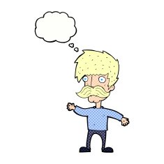 cartoon man with mustache waving thought bubble N28