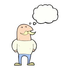 cartoon bald man with mustache thought bubble N16