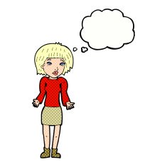 cartoon woman shrugging shoulders with thought bubble N463