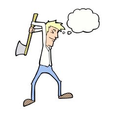 cartoon man swinging axe with thought bubble N10